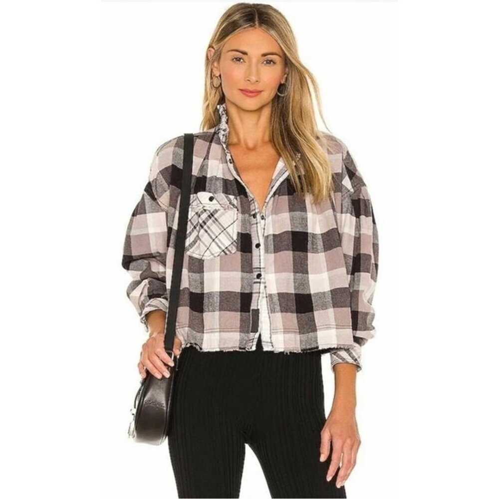NWT Free‎ People Emily Plaid Top Shirt Button Down in Grey Combo Size XS